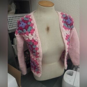 New handmade pink girls large granny square crochet cardigan sweater